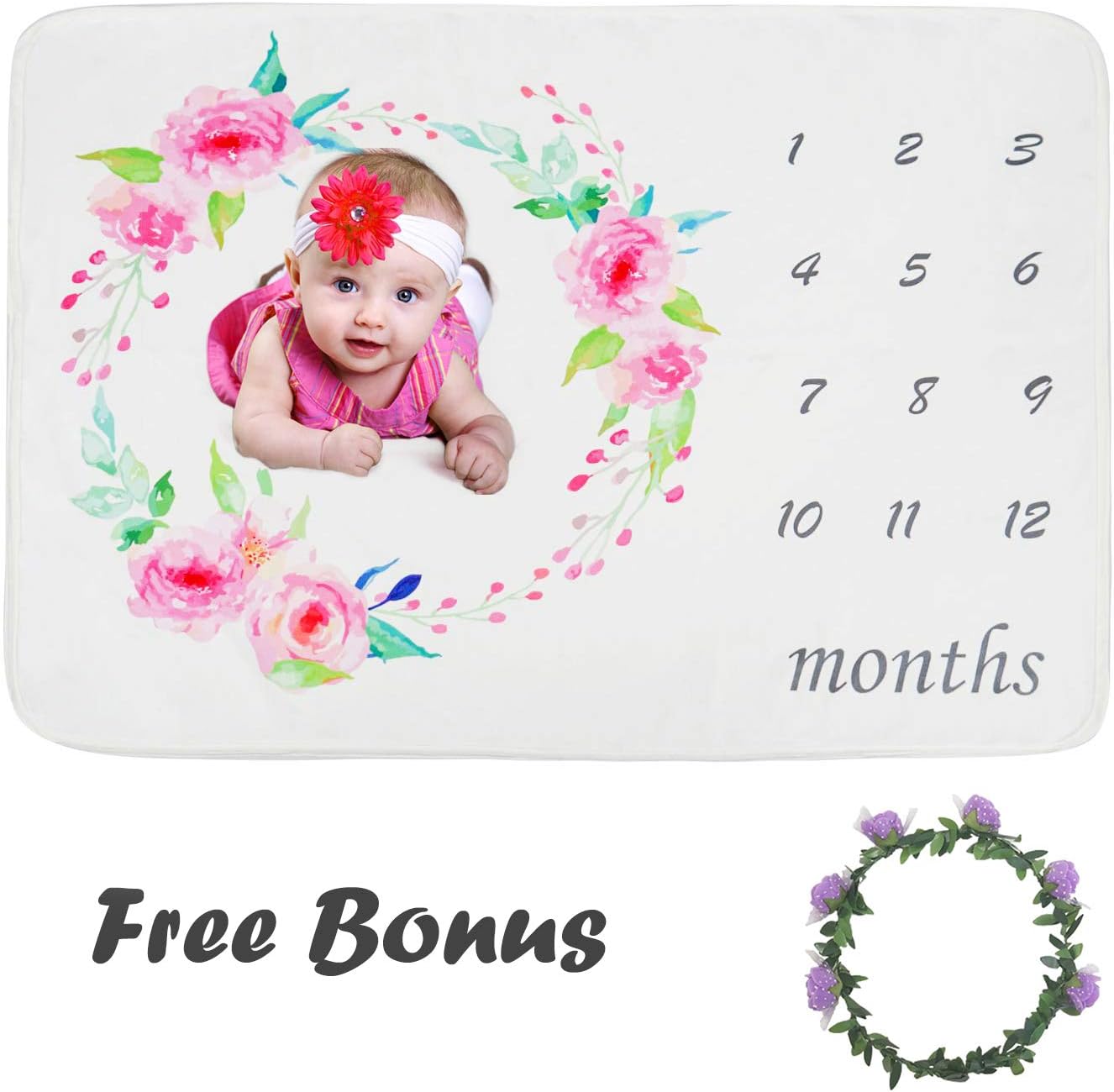 Viviland Baby Monthly Milestone Blanket Boys Girls | Soft Baby Receiving Blanket with Bonus Floral Wreath | Newborn Photography Background | Ideal 30"X40", Growth Wreath