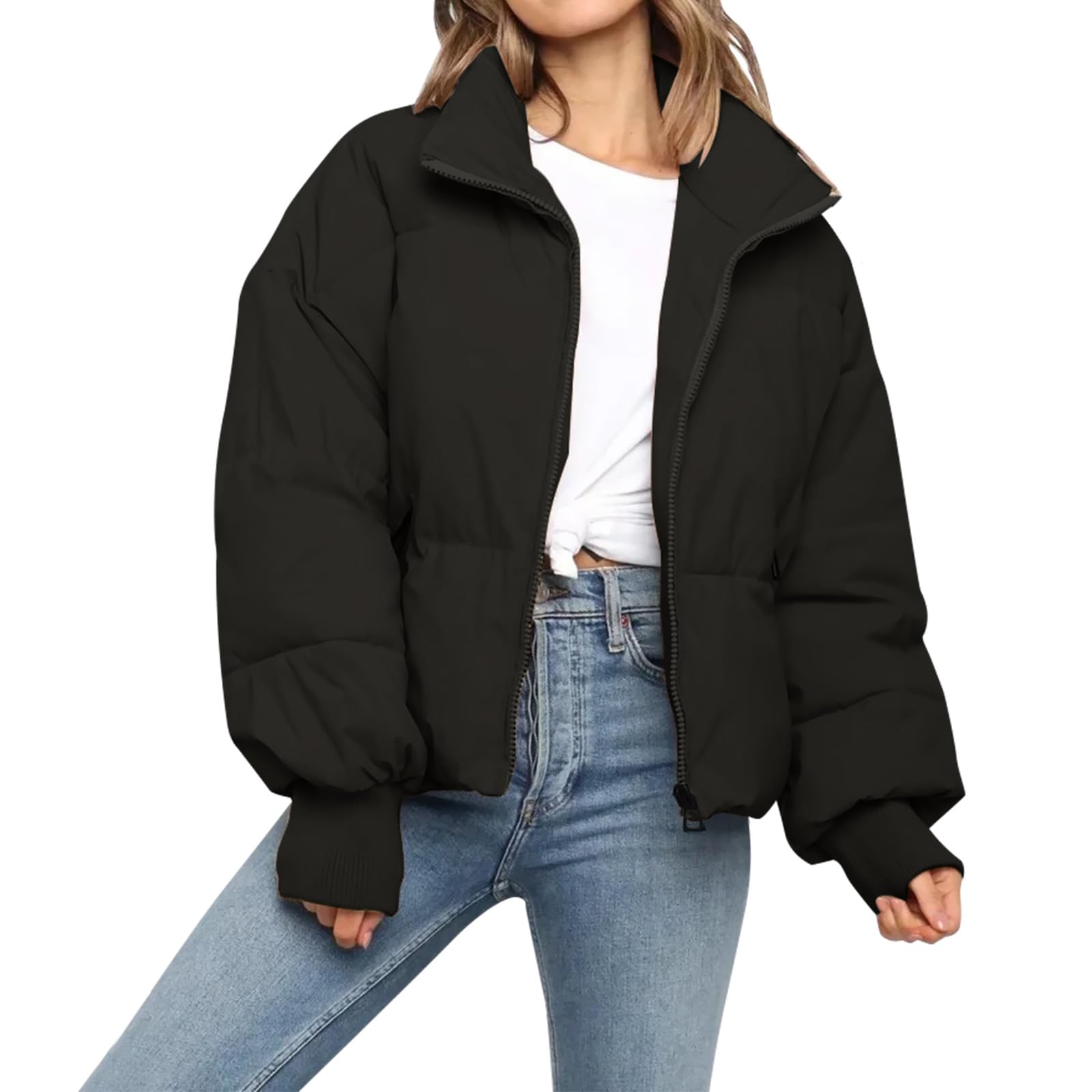 Photo 1 of Women’s Winter Cropped Puffer Jacket Coat Casual Quilted Baggy Long Sleeve Zip Down Jackets Outerwear (Large, Black)