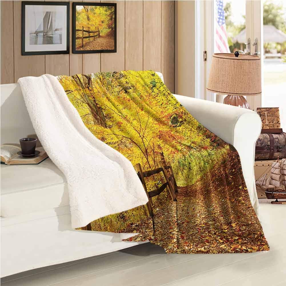 Lamb Velvet Twin Size Blanket,Landscape Soft Blanket Autumn Season Fall Trees Leaves On Pathway to Forest with Fence Photo Improving Sleep Ginger Yellow Marigold