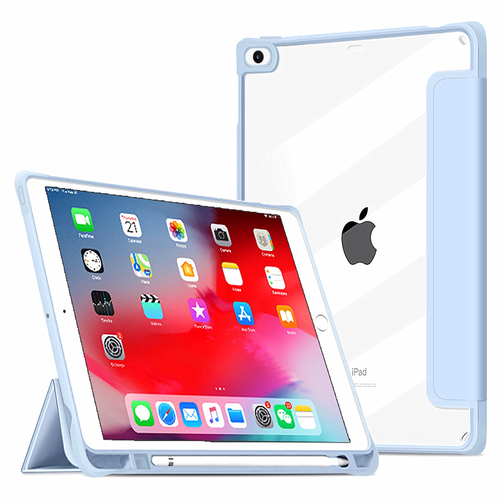 VAGHGEO Case for iPad 9.7 2018/2017, iPad 6/5th Generation 9.7 Inch, iPad Air 2, iPad Air 1 Tri-fold Smart Cases with Pencil Holder [Auto Sleep/Wake] + Clear Transparent Back Cover Shell, Light Blue