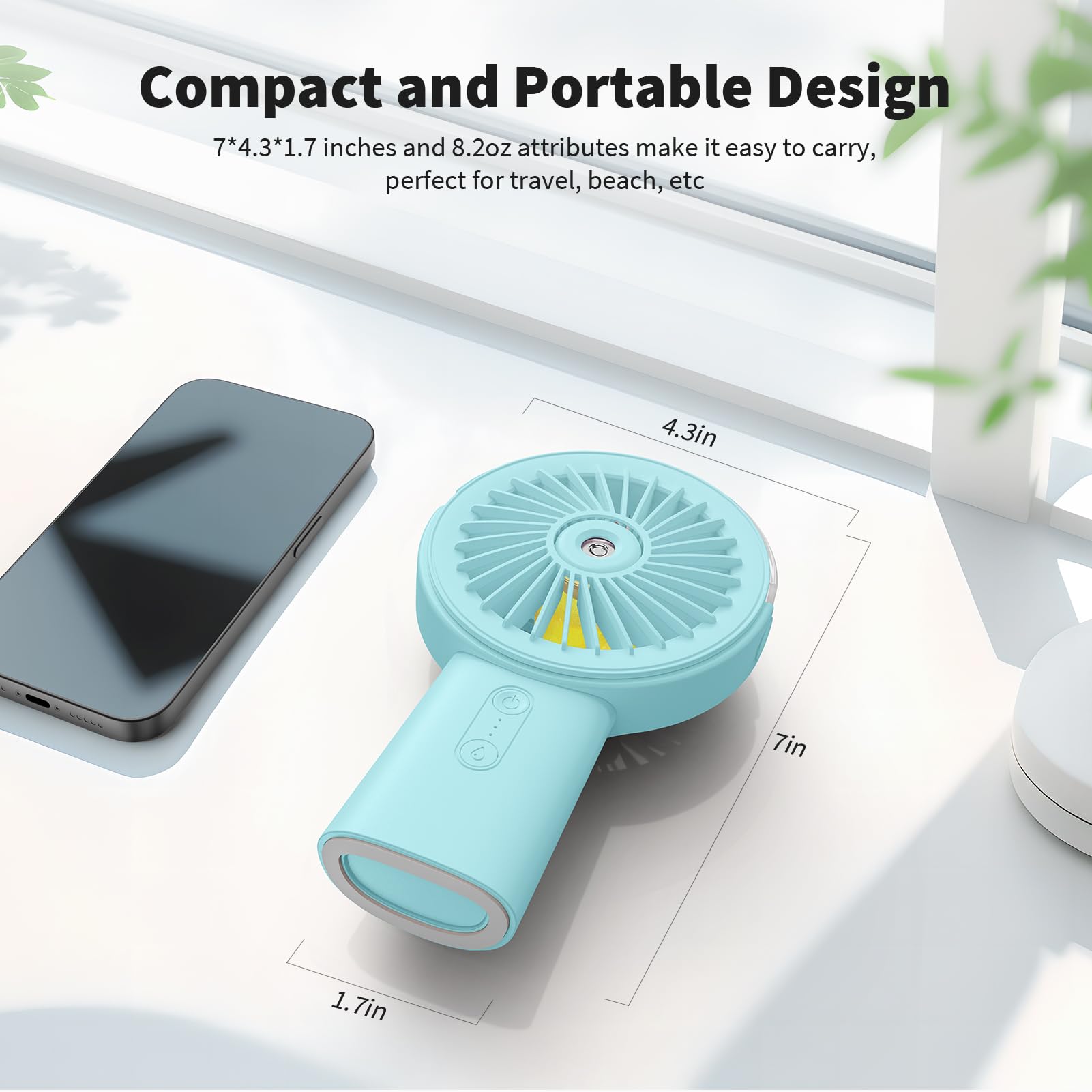 Otlonpe Handheld Misting Fan Portable, 4000mAh Rechargeable Small Personal Water Spray Hand Held Mist Fan Battery Operated, 90° Rotatable, Power Bank for Travel Home Office Men Women Kids (Blue)