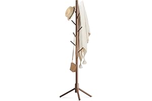 Haddockway Wooden Coat Rack Stand with 8 Hooks New Zealand Pine 3 Adjustable Coat Standing Tree Easy Assembly for Coats, Hats, Scarves and Handbags for Entryway, Hallway, Bedroom, Office