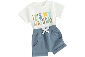 Kayotuas Toddler Baby Boy First Birthday Outfit Letter Print Short Sleeve T Shirt Top and Solid Shorts 2 Piece Summer Clothes