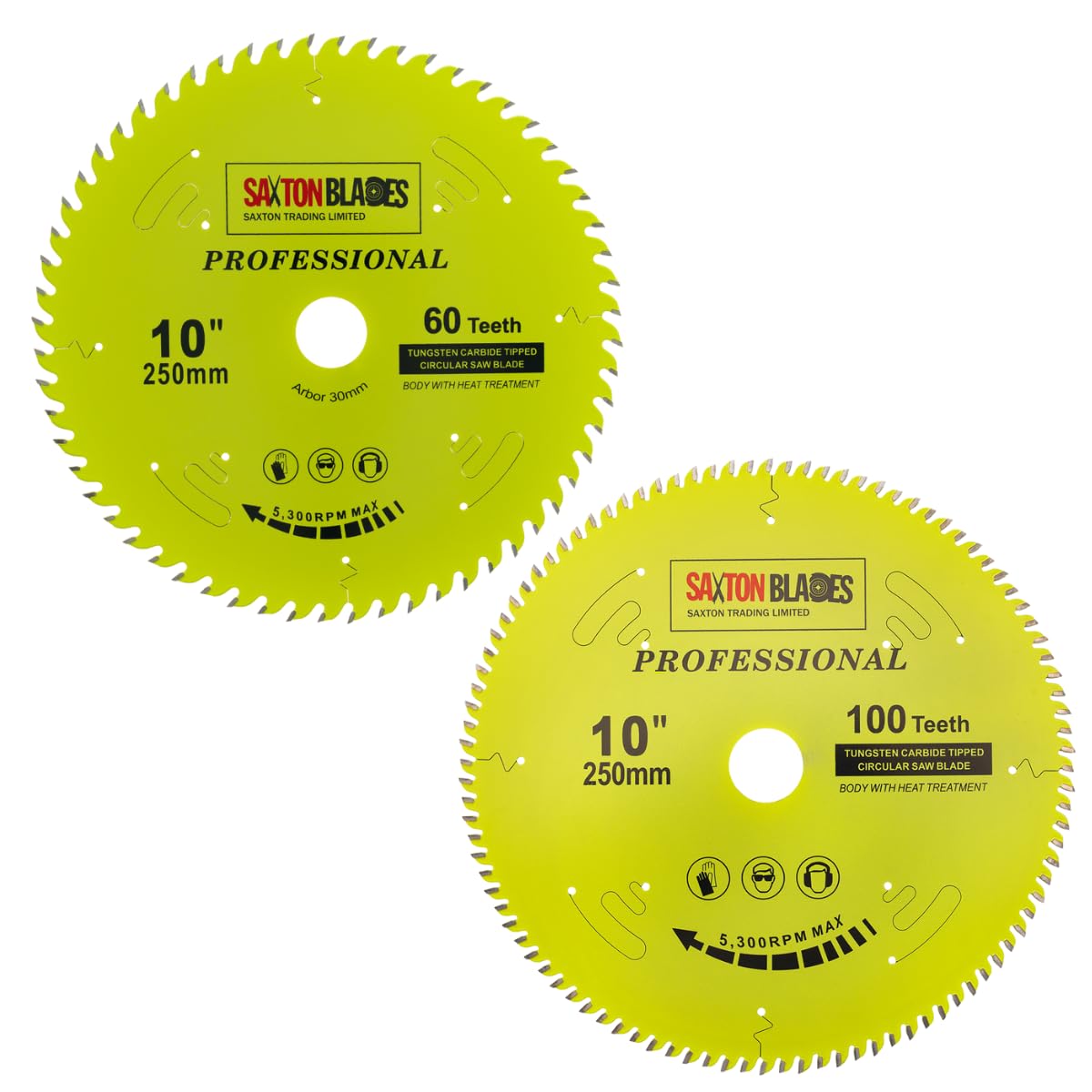 TCT250MXATPRO Saxton Professional Range TCT Circular Saw Blades 250mm 60 and 100T x 30mm Bore, 16, 20, 25mm Reduction Rings Compatible with Bosch Makita Dewalt etc