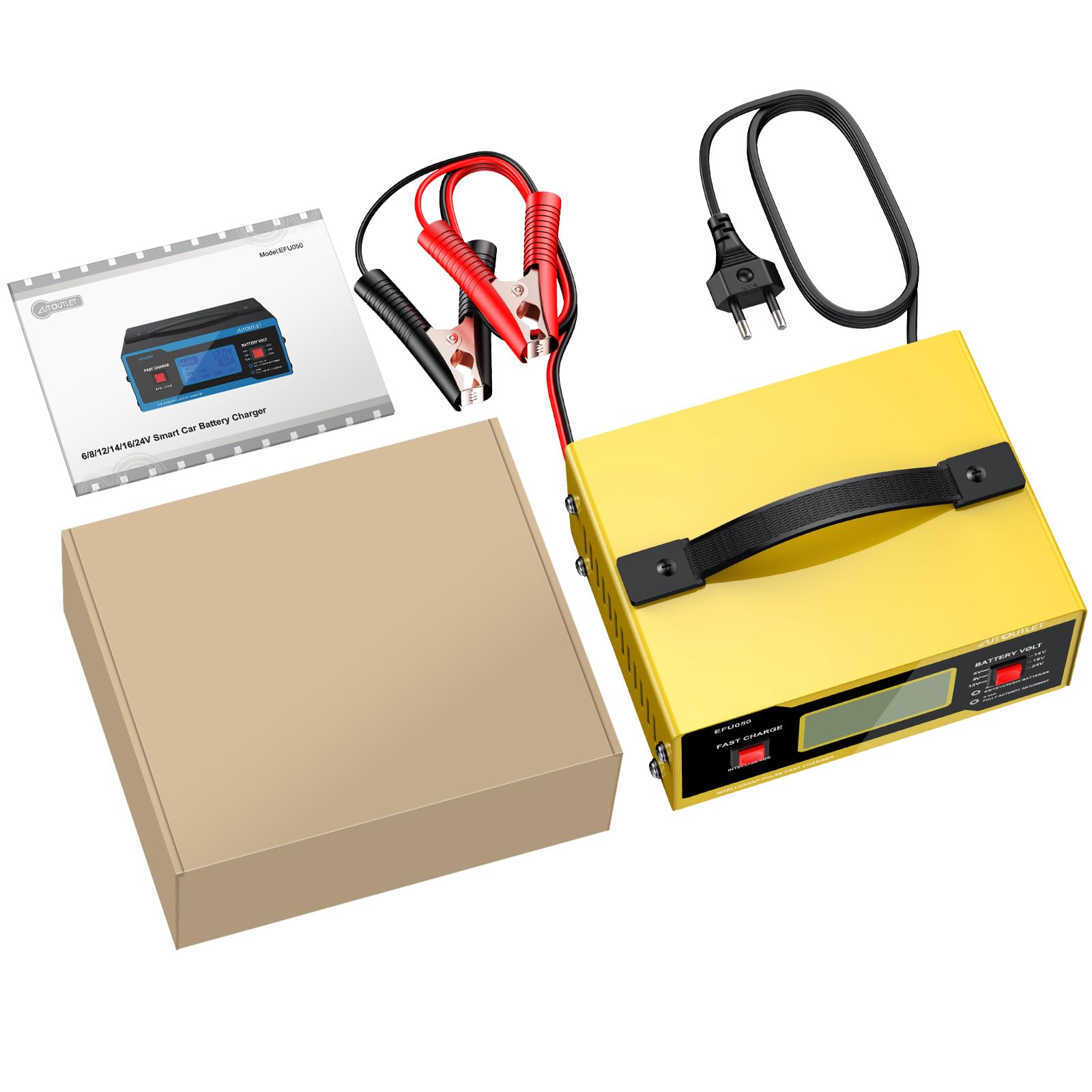 AUTOUTLET Ladegerät Autobatterie, 6/8/12/14/24V Smart vollautomatische KFZ Batterieladegerät Erhaltungsladegerät mit LCD Bildschirm, 0-14A Batterie Ladegerät für Auto Motorrad Rasenmäher Boot(Gelb) 9