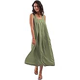 Amazhiyu Women's Pure Linen Summer Sleeveless Strap Midi Dresses with Pockets