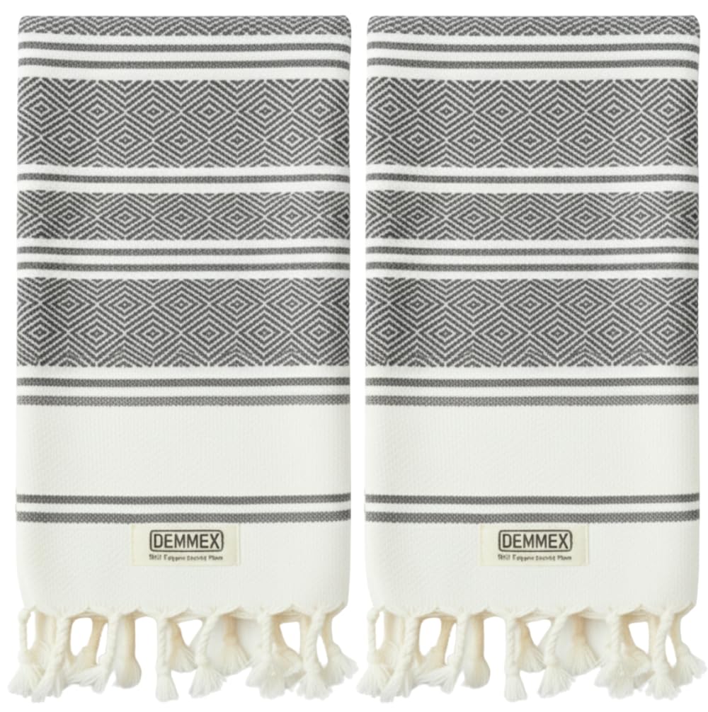 DEMMEX Organic Turkish Cotton Hand Towels Set of 2, Quick Dry Soft Diamond Weave, Absorbent Prewashed OEKO-TEX Bathroom Kitchen Towels 45x90cm (Dark Grey)