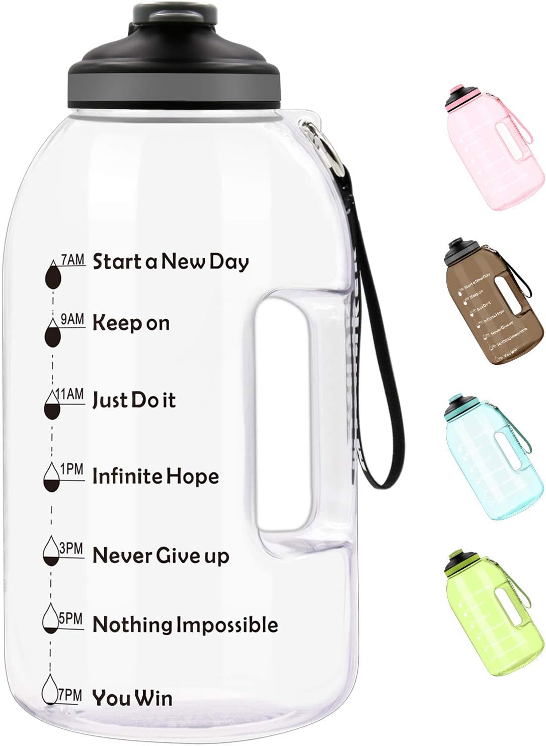MYSHAKER 1 Gallon Water Bottle with Wide Mouth, Handle/Strap and Motivational Time Marker Reminder BPA Free Lightweight Reusable Drinking Large Capacity Water Jug for Outdoor Sports Gym Hiking Fitness