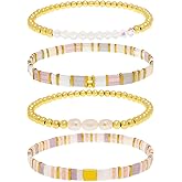 BXDA Tila Flat Miyuki Glass Beads Stack Bracelets Set for Women, Boho Colorful Handmade Gold Beaded Gemstone Stretch Festive Holiday Accessories Jewelry Gift.