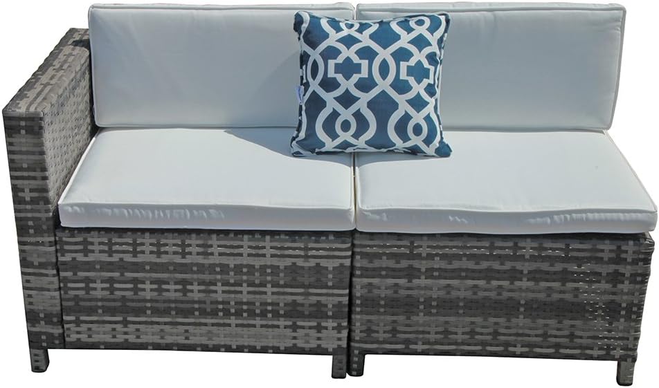 Patiorama Patio Loveseat, All-Weather Grey PE Wicker Corner and Armless Chairs with White Cushions, Extra Chair Patio Set