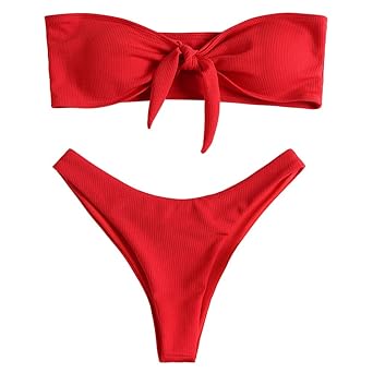Zaful Damen Sommer Einfarbiges Geknotetes Bikini-Set Gerippter Badeanzug Hoch geschnittener Tanga Bademode