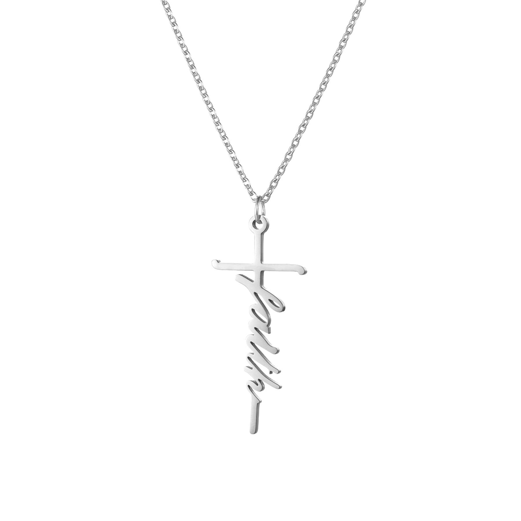 JewelryWe Faith Cross Necklace,Silver/Gold Tone Personalised Love Hope Believe Pendant Necklace Christian Religious Inspirational Jewelry for Women Girls