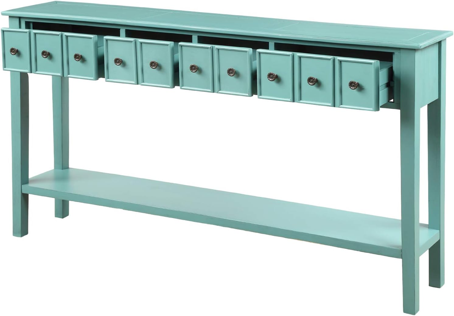 DERCASS Rustic Console Table for Entryway Hallway, 60" Long Sofa Table with 2 Different Size Drawers & Bottom Shelf (Blue)