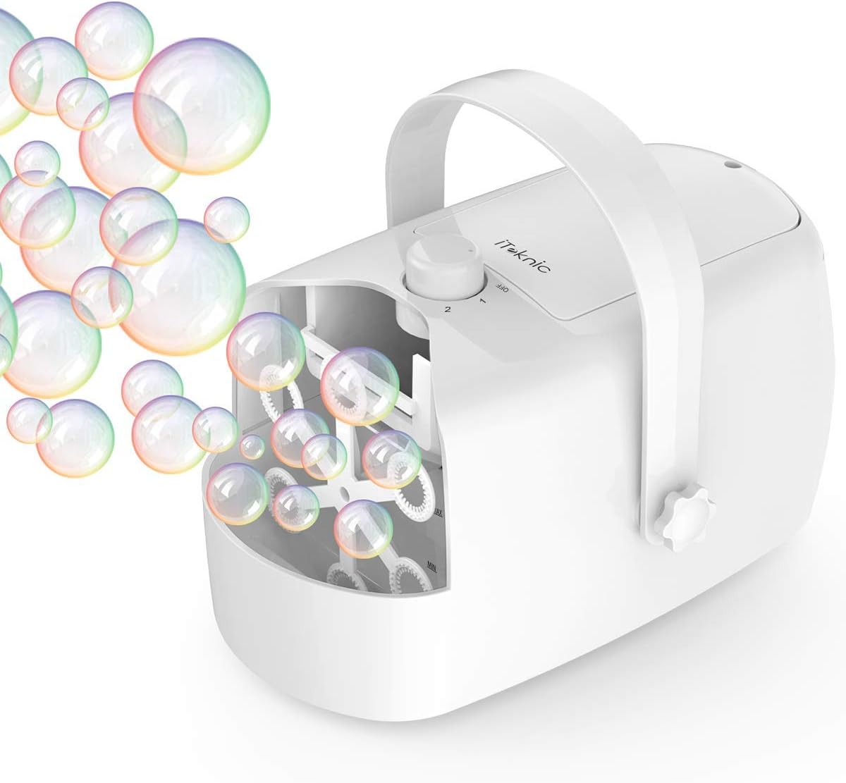 iTeknic Bubble Machine, Automatic Bubble Maker for Kids Toddlers, 5000+ Bubbles/min Durable Bubble Blower for Birthday Wedding Parties, Portable for Outdoor/Indoor Use, Powered by Plug-in or Batteries