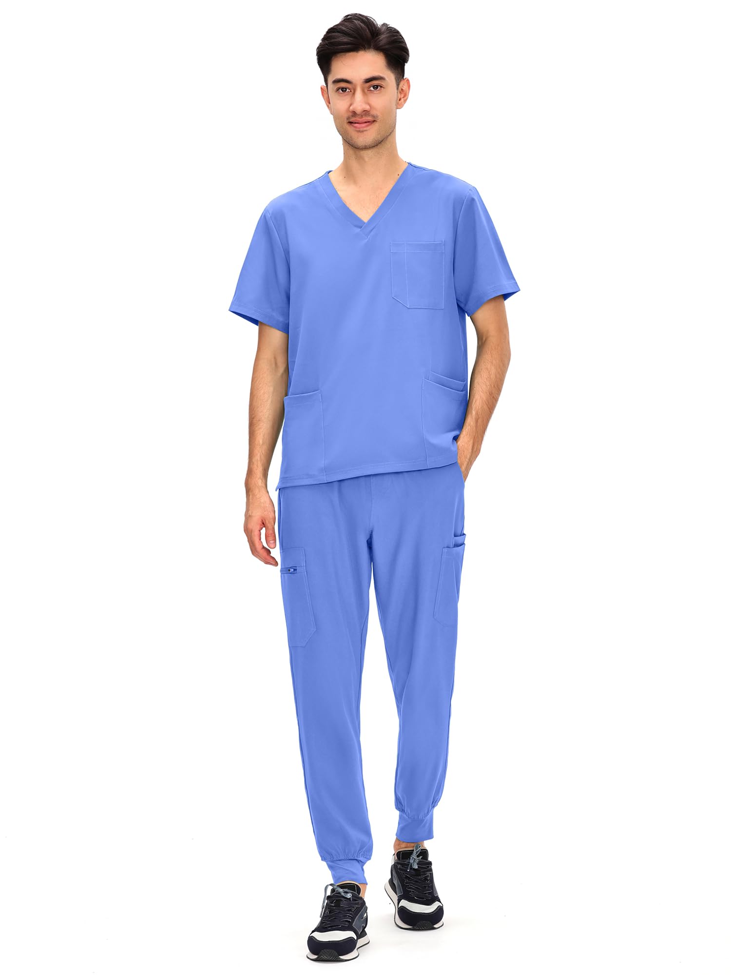 COZYFIT Scrubs for Men - 4 Pockets V-Neck Scrub Top and 7 Pockets Jogger Pants Mens Scrubs Set, Ceil Blue, 5XL Image