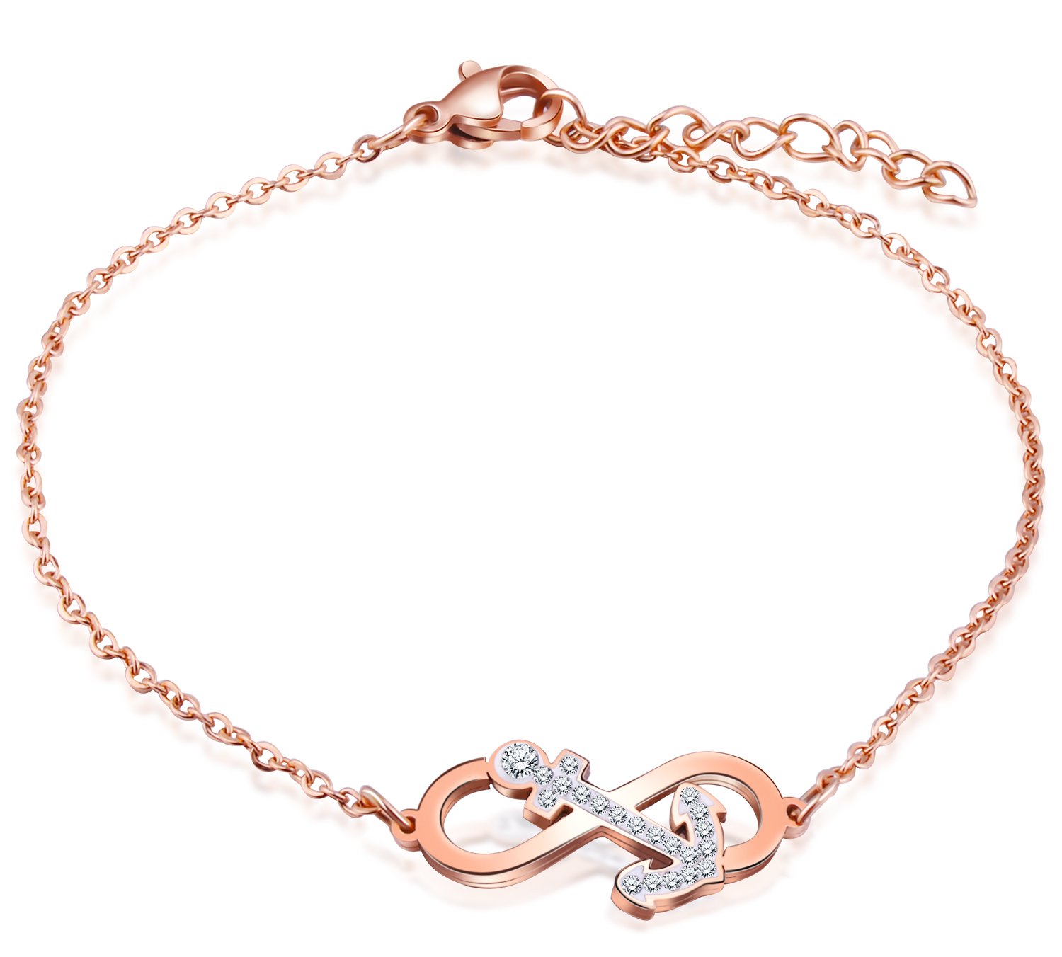 Feilok Elegant Charm Bracelet Strand Bracelet Infinity Symbol Stainless Steel Crystal for Woman Hand Chain with Extender Adjustable, Rosegold