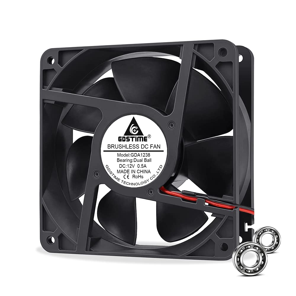 GDSTIME 12V Computer Fan 120mm x 120mm x 38mm 12V 2 pin Dual Ball 12CM Industrial Cooling Fan 12038 3000 RPM 125.1 CFM High Airflow For Fridge PSU Workstation Server Cooling Ventilation Replacement