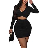 Sexy Club Dresses for Women - Bodycon Mini Dress with Long Sleeve, Deep V-Neck, Cut Out Design for Night Out, Party, Clubbing