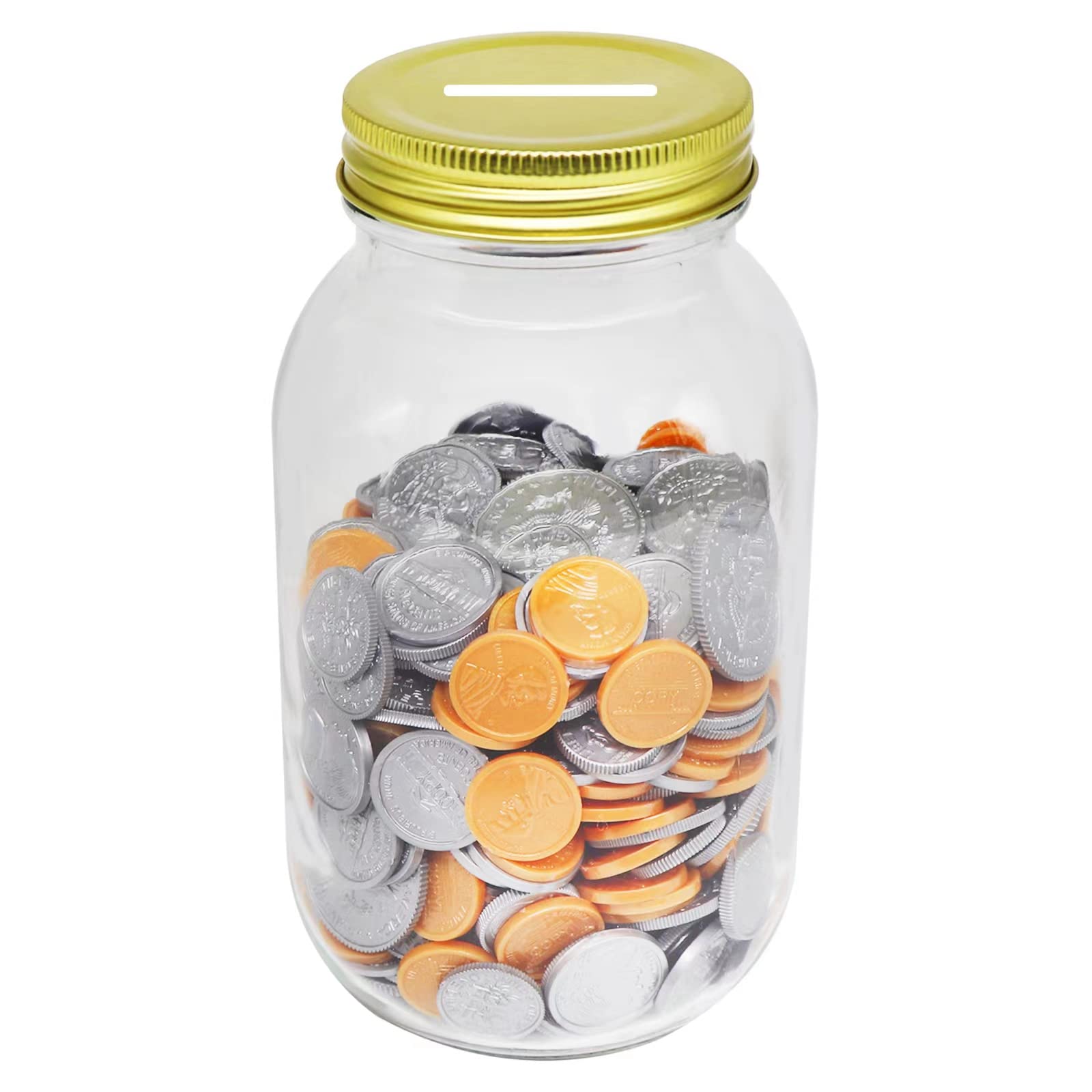 Mczcent Clear Glass Coin Bank Jar, Money Tip Change Saving Piggy with Slotted Gold Lid, Box Jug for Adults Teens Kids Girls Boys, Size 2