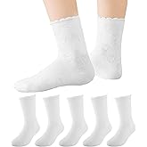 BONANGEL Girls Ruffle Socks, 5 Pairs White Frilly Ruffled School Uniform Cotton Dress Crew Socks for Girls 4-12 Years