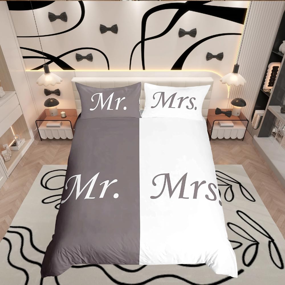 Homemissing Mr Mrs Duvet Cover Love Man Women Romance Bedding Set for Lover Couple Valentine Day Bedding & Linen Ultra Soft Grey White Creative King Size Zipper — image 1
