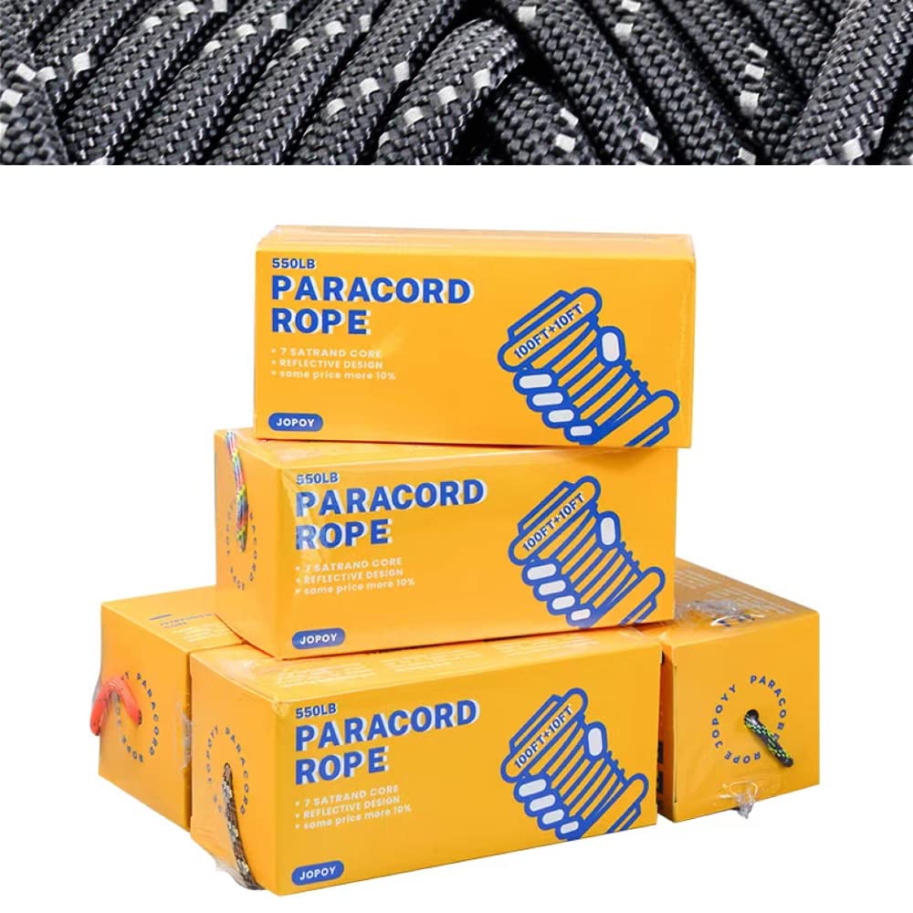 View 1 of JOPOY 550LB Paracord 100ft Reflective Parachute Cord, 7 Strand Inner Core Type III Tactical Paracord Rope, Outside Survival Gear for Bracelets, Lanyards, Handle Wraps, Camping & Hiking (Black, 110FT)