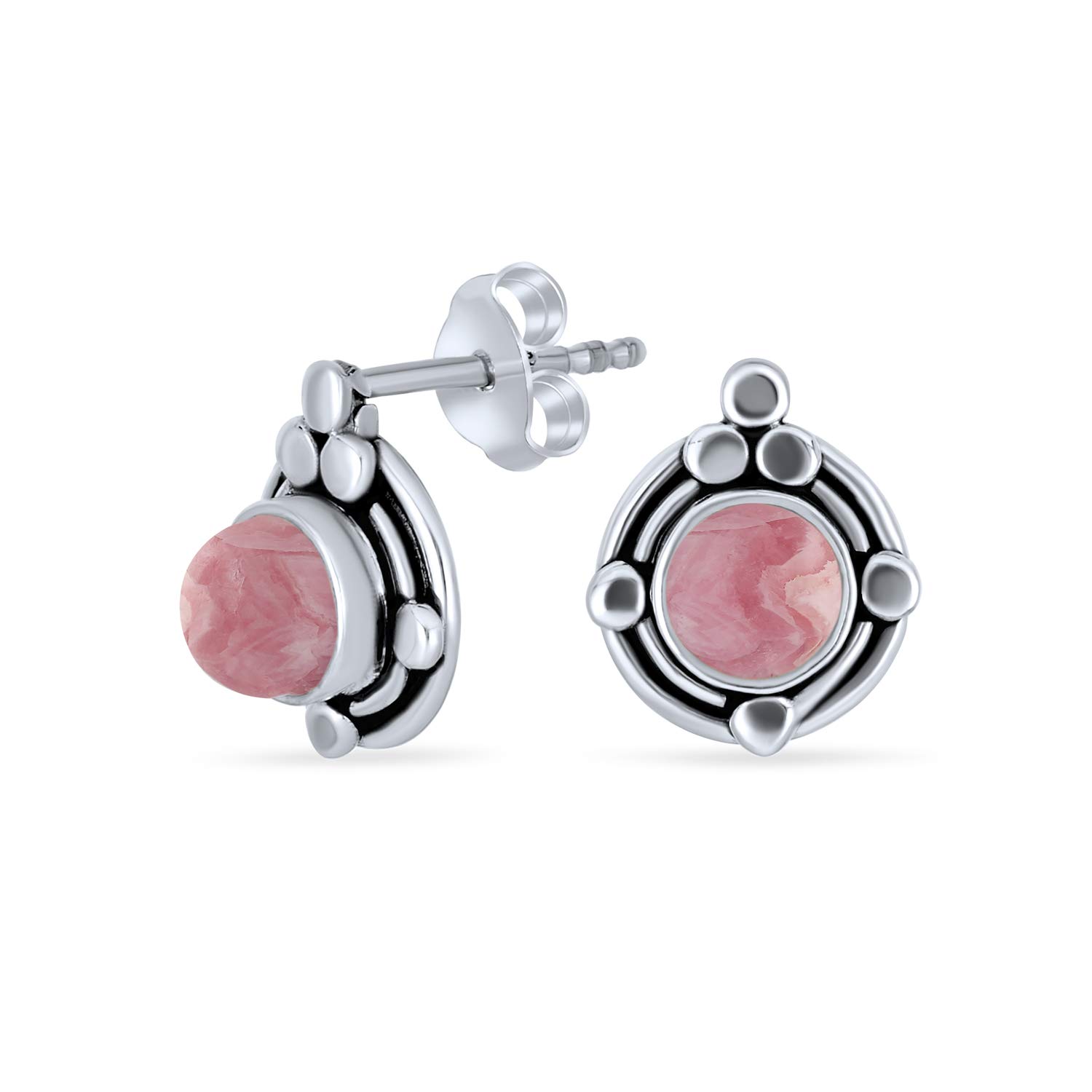 Bezel Set Pink Rhodochrosite Gemstone Ornate Round Stud Earrings For Women For Teen .925 Sterling Silver June Birthstone — image 1