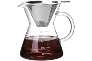 COFISUKI Pour Over Coffee Maker with Reusable Stainless Steel Drip Filter, Glass Drip Coffee Maker Set, Lead-Free Borosilicate Glass Coffee Carafe for 1-2Cup, Clear (400ml/13.5oz)