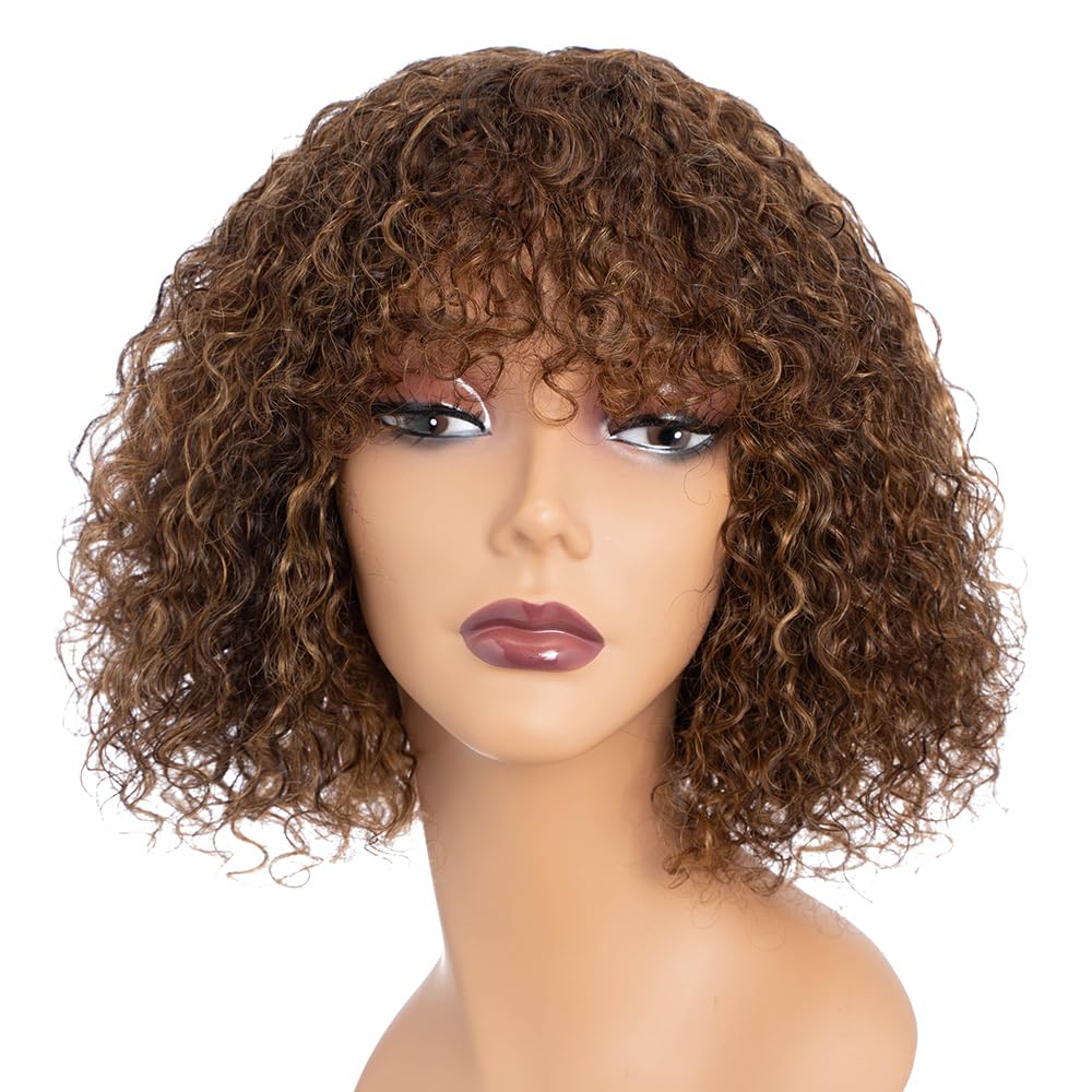 Rebecca Fashion Highlight Brown Blonde Curly Bob Wigs with Bangs Human Hair 10 Inch Short Curly Water Wave Bob Wig Human Hair Wigs for Black Women Glueless Wig 100% Brazilian Remy Hair