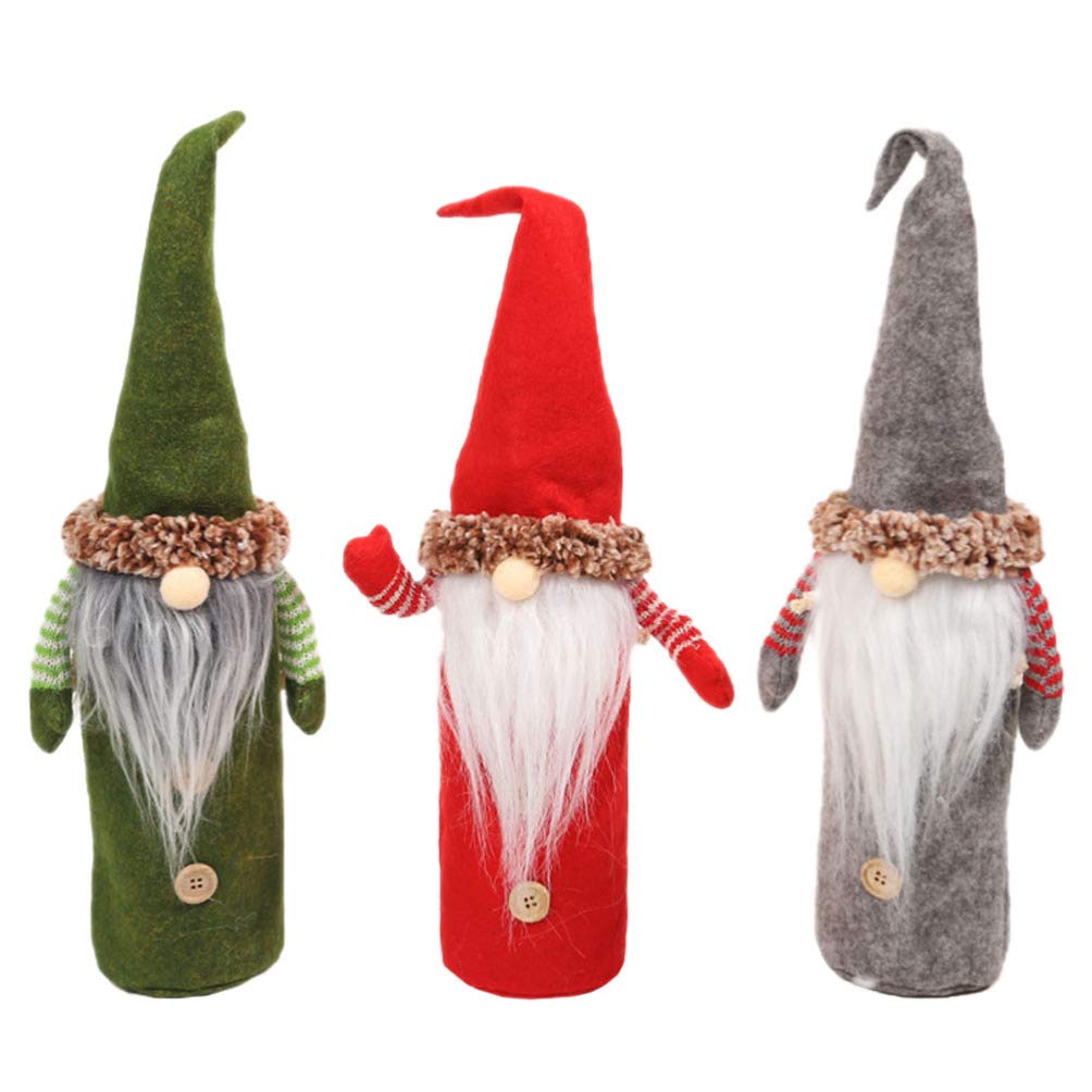 TOYANDONA Christmas Wine Bottle Bags 3 Pack Gnome Covers with Santa Claus Design Handmade Holiday Wine Bottle Covers for Festive Party Decoration 10.6X5.1X5.1 Inches