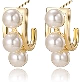 Gold Pearl Drop Earrings for Women Trendy,14K Gold Plated Lightweight Hoop Statement Hypoallergenic White Pearl Earrings Jewelry Gifts