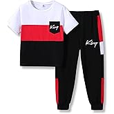 Klyatpxoen Size 6-12 Years Boys Fashion Clothes Spring Summer Short Sleeve Top & Pants Color Block Clothing Sets