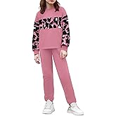 Glaoly Girls Clothes Leopard Patchwork Sweatshirt Elastic Waist Sweatpants with Pockets 2PCs Girls' Clothing Sets