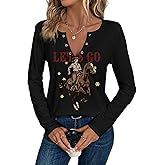 Western Country Shirts for Women Cowgirl Cartoon Boots Graphic T Shirts Notched V Neck Long Sleeve Casual Tee Tops