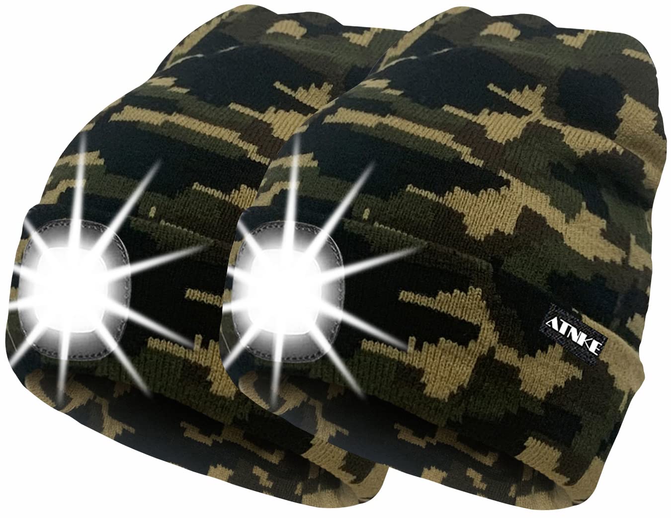 ATNKE 2Pcs New Warm LED Lighted Beanie Cap Unisex USB Rechargeable Running Hat Ultra Bright 4 LED Waterproof Light Lamp Multi-Color/Camouflage Green — image 1