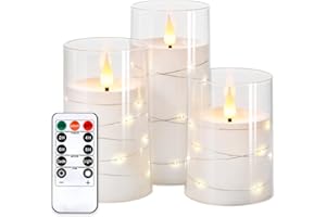 NURADA Flickering Flameless Candles: Built-in Star String Lights Acrylic 3D Wick Battery Operated LED Pillar Candles with Remote and Timer for Romantic Mood Home Decoration - 3 Pack Pure White