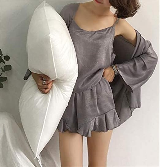 Amazon Aedoepisode ルームウェアセクシー 美脚 ショートパンツ ルームウェア サテン ガウン シルクキャミソール パジャマ 3点 セット タンクトップ ショーパン セクシー 夏 グレー パジャマ ルームウェアセット 通販