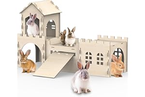TANKMATDECOR Large Bunny House and Hideouts, Wooden Dual-Layer Rabbit Castle with Stair, Rubber Band-Free Setup - Chew-Proof, Sturdy Habitat for Guinea Pig Chinchilla Ferret (Rabbit House)