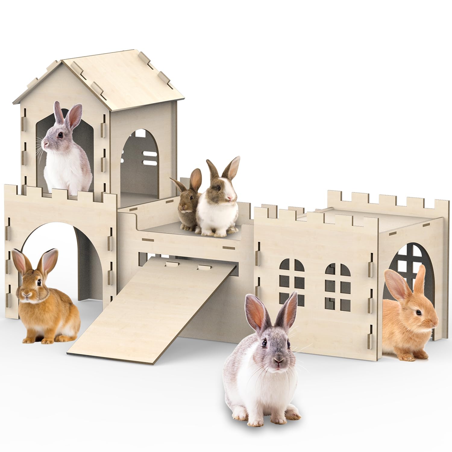 Photo 1 of Large Bunny House and Hideouts, Wooden Dual-Layer Rabbit Castle with Stair, Rubber Band-Free Setup - Chew-Proof, Sturdy Habitat for Guinea Pig Chinchilla Ferret (Rabbit House)