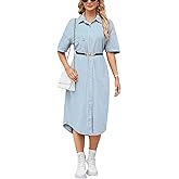 Nomwioke Women's Casual Denim Dress Button Down Short Sleeve Jean Shirt Mid Long Loose Dress with Belt