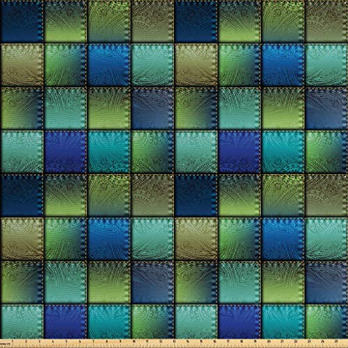Ambesonne Colorful Fabric by The Yard, Modern Geometric Bohemian Paisley Details in Square Shaped Backdrop Pieces Art, Decorative Fabric for Upholstery and Home Accents, 3 Yards, Blue Khaki