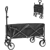 Collapsible Folding Outdoor Utility Wagon, Beach Wagon Cart with All Terrain Wheels & Drink Holders, Portable Sports Wagon fo