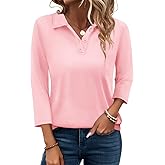 PGANDS Women's 3/4 Sleeve T Shirts Summer V Neck Button Down Polo Shirts Collared Casual Loose Fit Tops