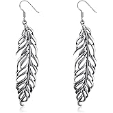 Silver Feather Leaf Drop Dangle Earrings for Women, Handmade Long Earrings Hypoallergenic Plant Earrings for Gift