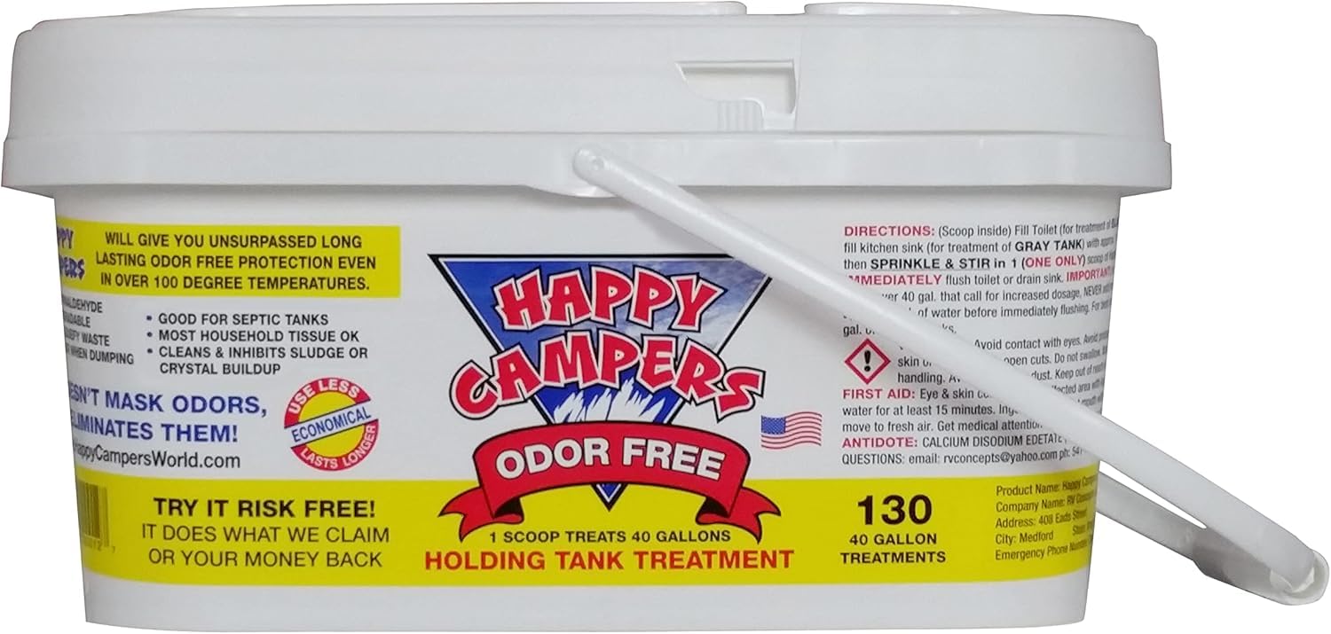 Happy Campers RV Toilet Treatment & Holding Tank Treatment - Controls Odors, Helps Prevent Clogs, Buildup & Sensor Issues in RV Black & Gray Tanks – Supports Reliable Dumping (130 Treatments)