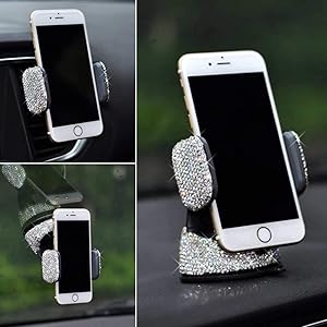 TISHAA Bling Car Phone Mount –Stand Suction Holder Rhinestone Crystal Glitter Universal Air Vent 360 Adjustable Windshield Dashboard Cute Accessories iPhone Android (White 360)