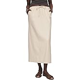 IDEALSANXUN Womens Linen Skirts Trendy Elastic Waist Drawstring Long Skirts with Slit