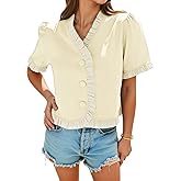 Tankaneo Womens Cropped Short Puff Sleeve Blouse Summer Ruffle V Neck Button Down Shirts Dressy Casual Work Tops