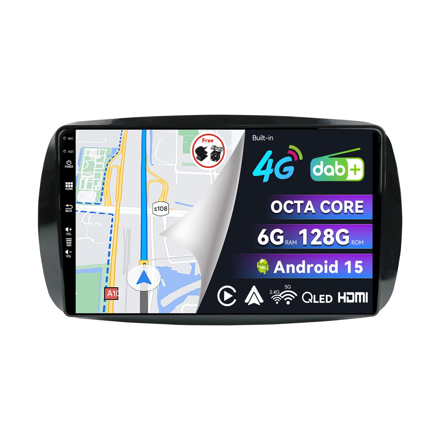 BXLIYER -Built-in DAB / 4G- 6G+128G - Android 14 Car Stereo For Benz Smart 453 Fortwo (2014-2020) - Wireless Carplay/Android Auto - Camera + MIC - 9 Inch QLED 2 Din - Steering Wheel Fast-boot 360-CAM