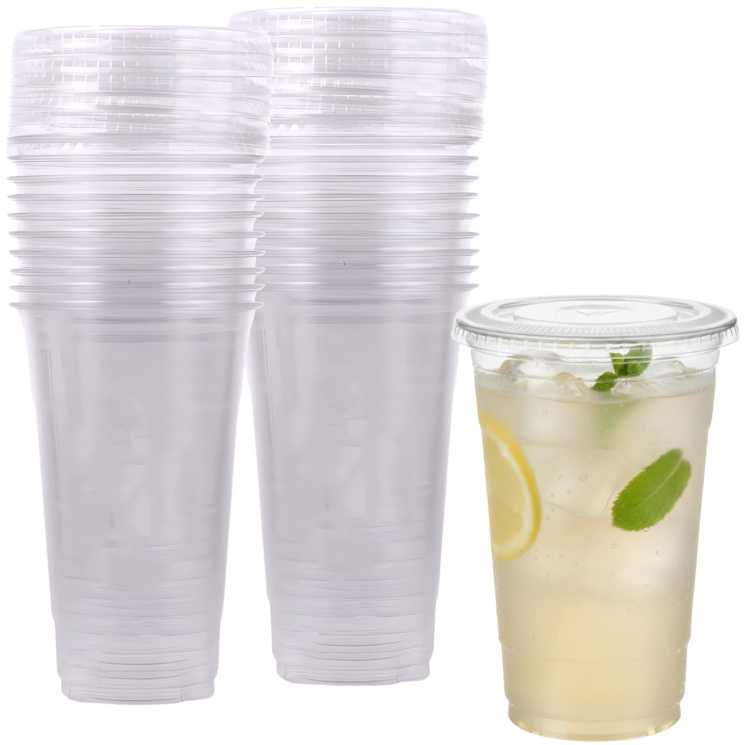HomeyGear 24-Pack of Large Clear Plastic Cups with Flat Slotted Lids - Ideal for Cold Drinks and Bubble Tea - BPA-Free and Durable (24 oz)